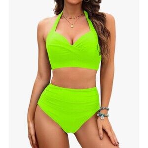 Tempt Me bikini Swimsuit Halter Ruched High Waist Bikini with Bottom 2pcs size L